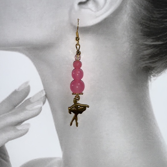 Handcrafted Semi Precious Pink stone w ballerina pendant Dangle Bon Bon Earrings - Picture 8 of 8